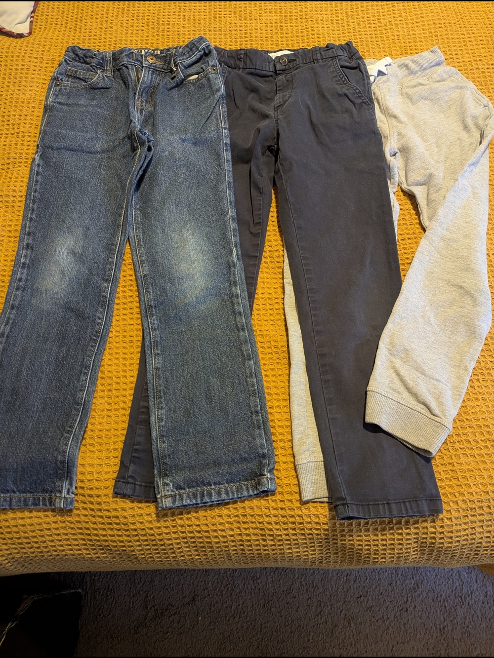 Boy's Dark Wash Jeans, Navy Chinos, Grey Sweatpants Bundle, 134